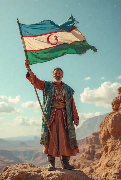 Uzbek man worn uzbek national chapan and holding uzbekistani flag on the top of rock