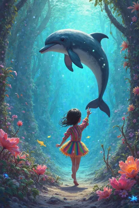 A girl in rainbow clothes is hunting a dolphin 