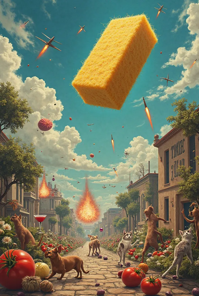 A rectangular kitchen sponge in the sky, on the land something very chaotic, with a lot of explosions, missiles, tomatoes, trees, three cats, one brown bloodhound, food, cocktails. I would say all of it near a theater, with some murals with the writing ILA...