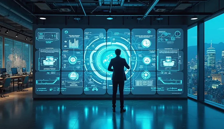 A cutting-edge corporate office with a large, interactive digital display showcasing a modern ERP system powered by microservices. The display features interconnected modules such as Finance, HR, Supply Chain, and Customer Management, each represented by s...