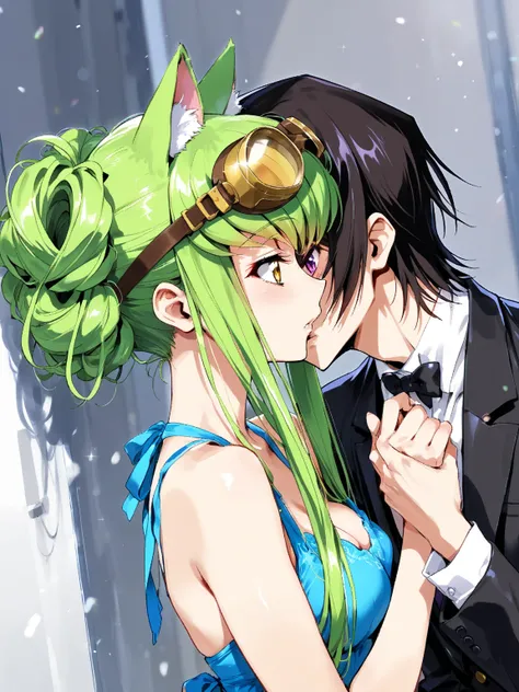 (Cat ears、and wear gold detailed goggles over my head:1.35), Greatest Masterpiece, Code Geass: Lelouch, Takahiro Kimura, ルルーシュとc.c.Depicts an emotional scene where they face each other and hug each other, Fantastic and beautiful depiction, Lelouch is in a ...