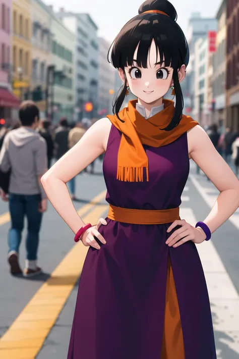 masterpiece, the best quality,  highres, Dragon Ball , bbchichi,  single hair bun, hair bun,  red bangs, sidelocks,  black eyes,   earrings,  orange scarf,  orange scarf,  purple dress ,  sleeveless, bracelet,  smile,  hand on the hip ,  smile,  outdoor, s...