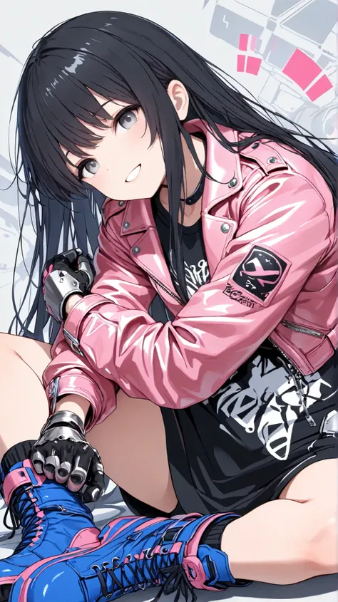 1girl, 10yo, small, cute, slender body, very long black hair, grey eyes, streetwear outfit (oversized pink leather jacket, blue boots), sitting, gauntlet in one hand, techy background, absurdres, happy expression,