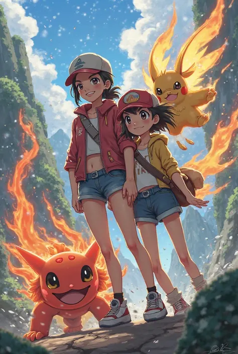 Create images of age girl characters with fiery and electric Pokémon 