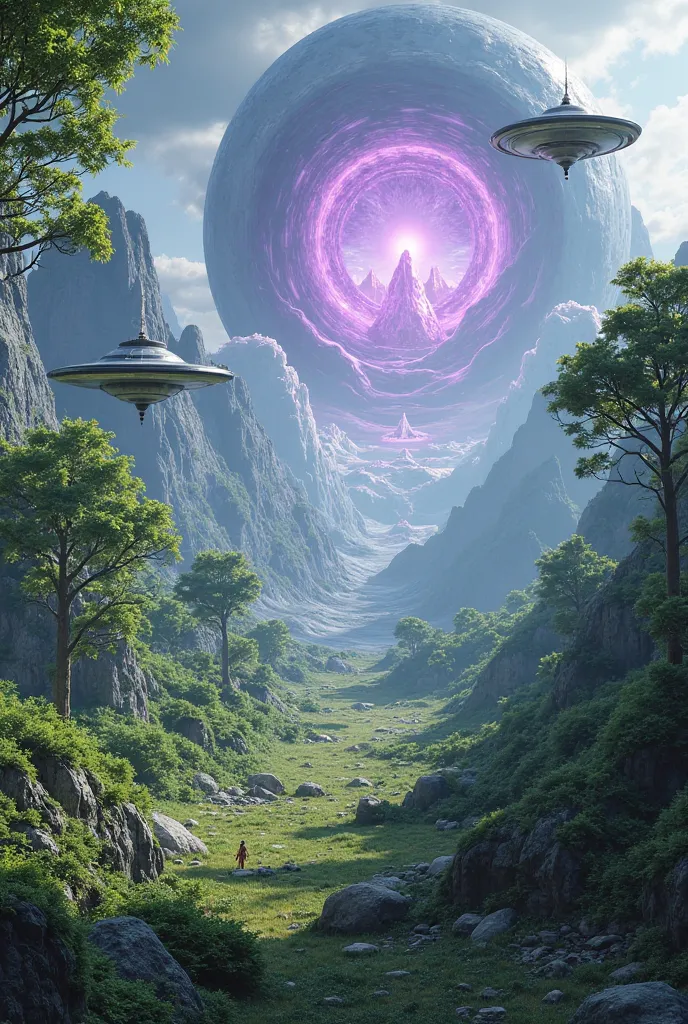 Beautiful nature view with flying ufos and a purple portal into an ice world