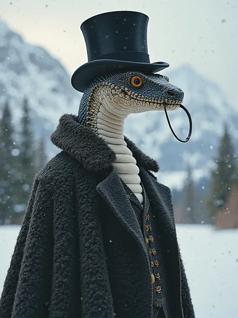 hello, I want an image of Jörmundgander, the mythological snake that surrounds the world,  seen from afar, must be elegant, pretending to have style to dress, wearing a top hat and a monocle, In the background I want you to see snowy mountains, But these w...