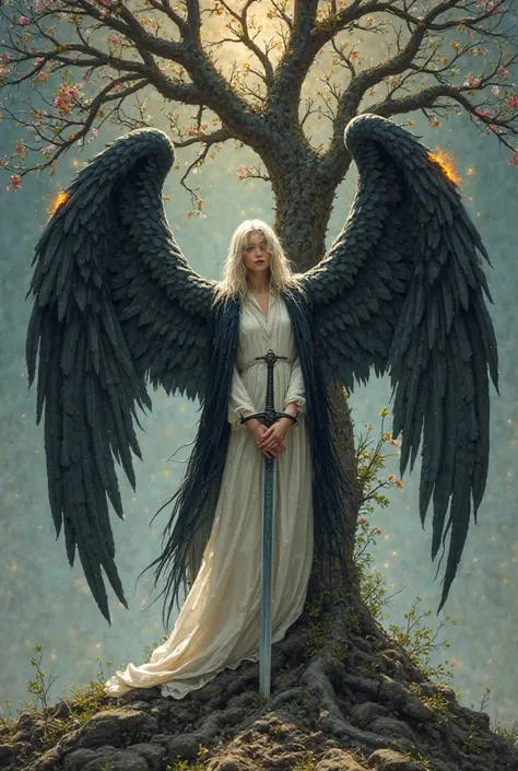 celestial androgynous figure with shoulder-length hair, standing before a dark, withered tree. The figure has two large black wings that are burning at the edges, still attached to their back. They wear flowing white robes with a black cloak over their sho...