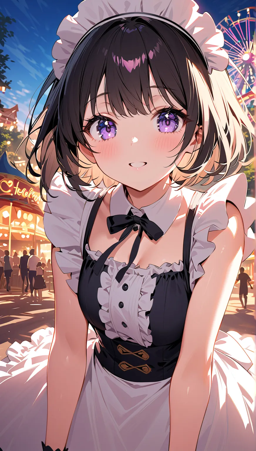 Masterpiece top quality Unity 8k,(Braid), maid outfit, dark hair,Black Eyes,Cute expressions， amusement park，bust