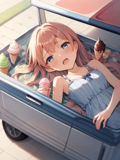  score_9,  score_8_ up,  score_7_ up,  score_6,  score_5_ up,  score_4_ up， anime nsfw,  uncensored， masterpiece, TOP QUALITY, Ultra High Definition, PASTEL COLOR, Long Hit, chibi, young girl lying face down in front of ice cream shop kitchen car in casual...