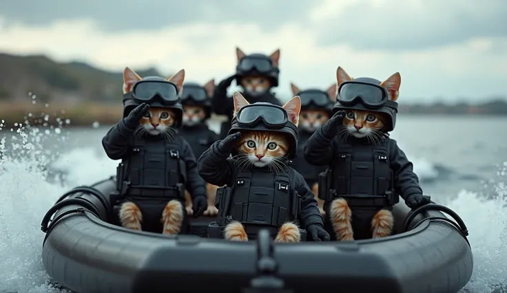 Full body-shot, ultra-realistic CGI image of multiple anthropomorphic military baby kittens sitting in a tactical assault boat, fully equipped with black special forces uniforms, helmets, night-vision goggles, and body armor. They are positioned in perfect...