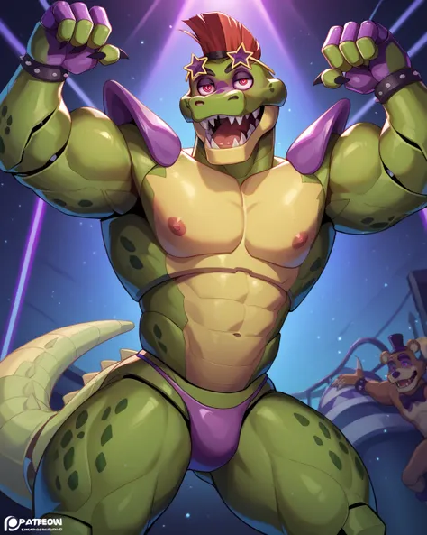 Monty ( five nights at Freddy's ), big, muscular,  dark green metallic body,  purple details , Dancing on your tube in a nightclub,  sharp claws ,  prominent teeth ,  small thong, bright eyes, annoying expression,  frown,  intense look, hot pose, dominant ...