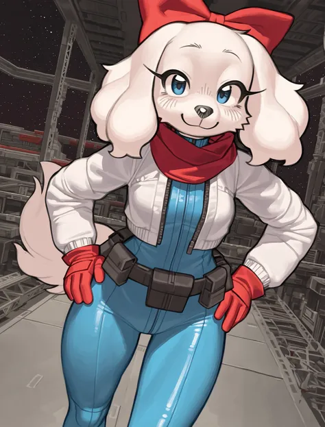 ((Fay Spaniel)), ((Starfox)), ((pixelsketcher style)), ((wamudraws style)), ((masterpiece)), ((high resolution)), ((solo portrait)) {(attractive figure), (beautiful legs), (white fur), (black dnose), (floppy dog ears), (cute blue eyes), (long eyelashes), (...
