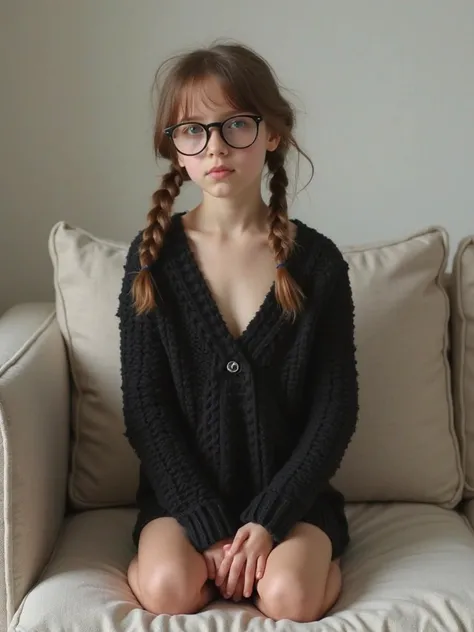 Very thin thirteen-year-old girl, brown hair with two braids,  has huge breasts, He has huge prescription glasses,She wears an unbuttoned black knitted sweater showing her shoulders and breasts,  His legs are bare , She is kneeling on a minimalist sofa in ...