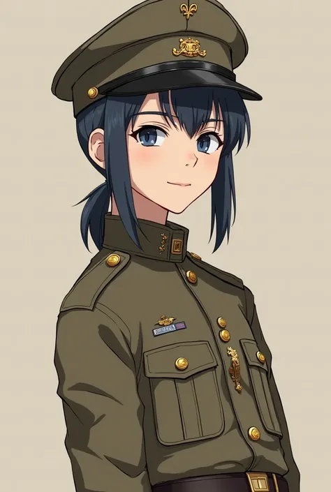 A young guy, slim pale body, long side bangs, mullet, dark blue eyes, WW1 uniform with field cap, anime 