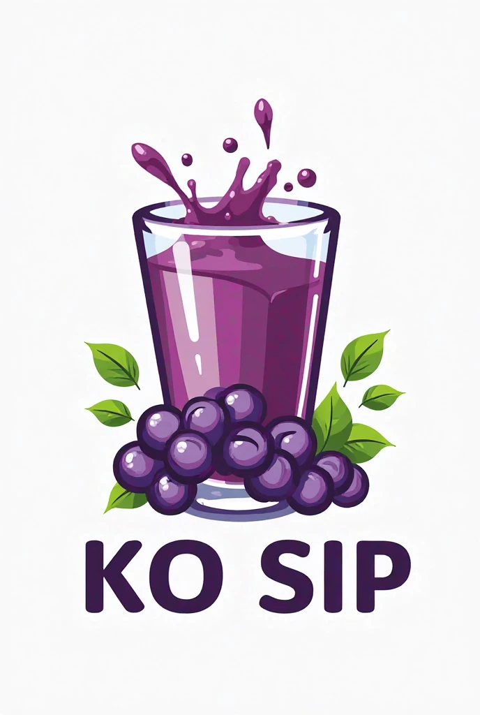 "Create a modern and playful logo for 'KO SIP,' a grape juice brand. The design should feature a stylized glass filled with grape juice, with a fun, dynamic splash effect. The glass should resemble a moving cart or a floating element,Surround the glass wit...