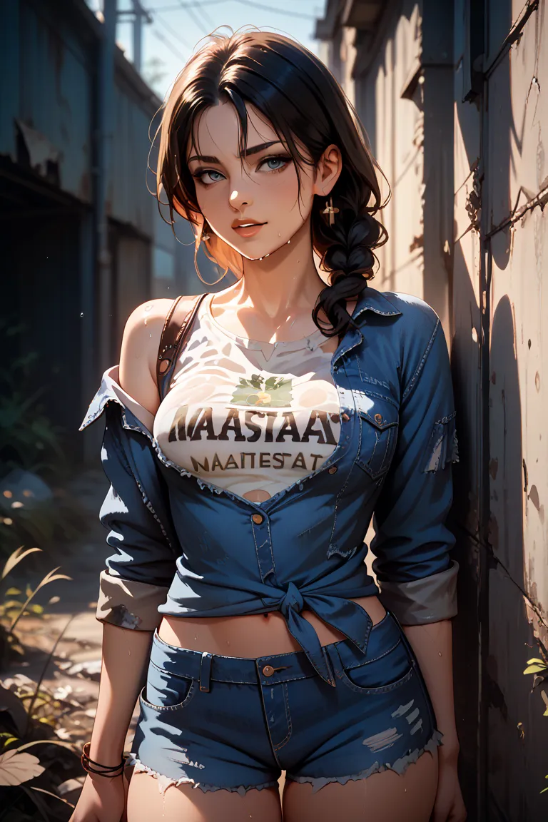 sexy julia chang, in a wasteland, sweating, dressed in denim shirt and shorts, 