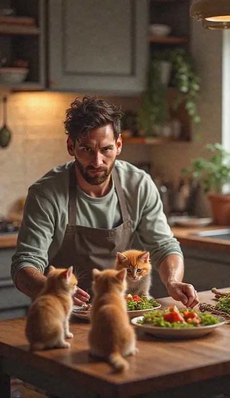 Image of Messi in the middle of the kitchen making food for his kittens 