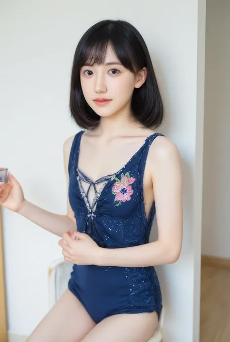 Mana Ashida、where is ashida,
Top quality, full of anatomy, correct anatomy、
One high school girl、school swimwear,
Photography site,Inside the room background,
 (The color of the onepiece swimsuit is navy blue), (onepiece swimsuit),
(full body Esbian:1.3),