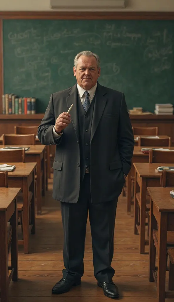 Classroom Scene: A strict-looking teacher stands at the front of a classroom, holding a piece of chalk.