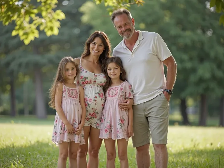 Photographed with Canon 85 1.3 m, HEIC photo of a mother and father with their beautiful younger daughters with unusually large, huge unrealistically large and comically exaggerated double-D breasts,  posing in the park  .    The father touches the ass of ...