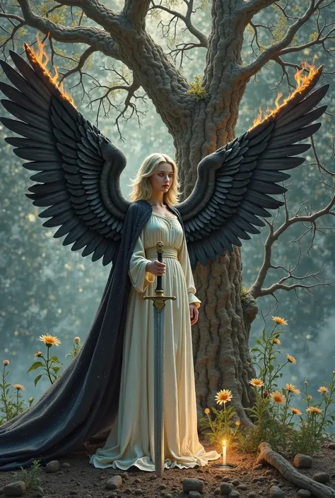 celestial androgynous figure with shoulder-length hair, standing before a dark, withered tree. The figure has two large black wings that are burning at the edges, still attached to their back. They wear flowing white robes with a black cloak over their sho...