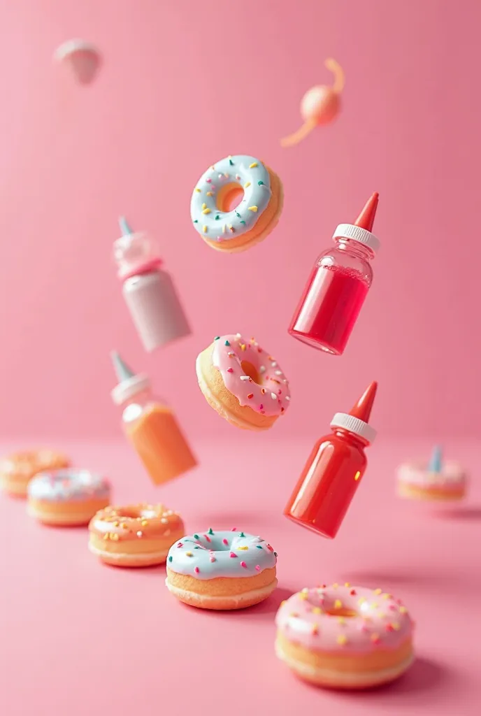 Several baby donuts are on a pink background alternating with white. There are bottles of jelly and candy floating around. 