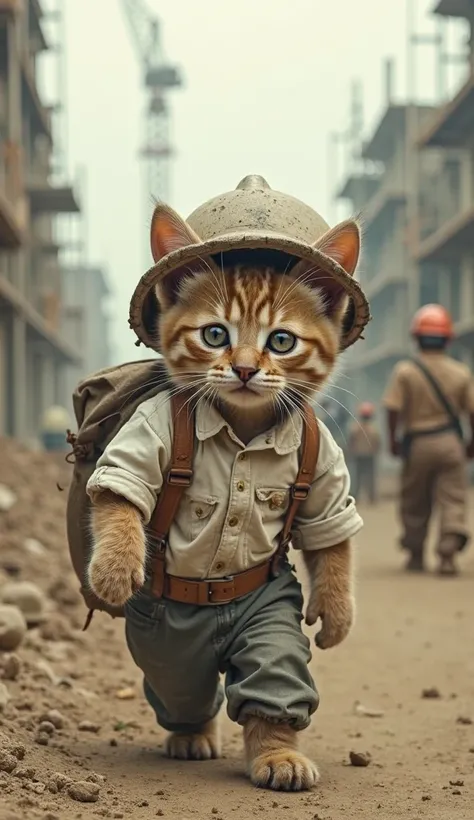 "A small kitten dressed as a construction worker, wearing a tattered white shirt, a worn-out helmet, and carrying a heavy sack on its back. The setting is a dusty construction site with scaffolding, cranes, and unfinished buildings in the background. Other...