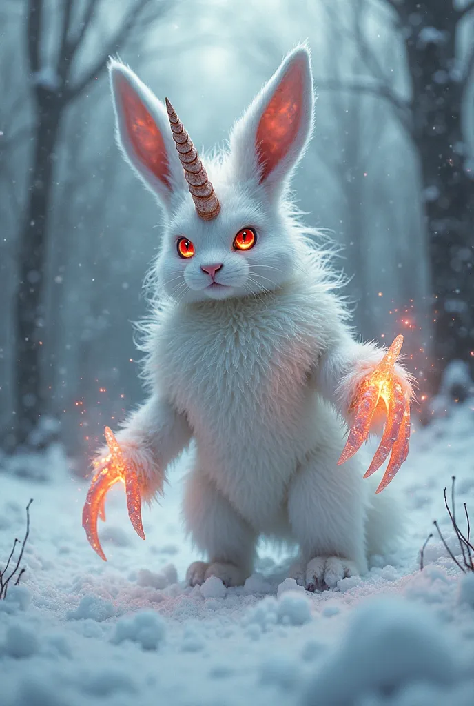 (highly Detailed) (realistic) Evil Fire Crystal White Bunny with a unihorn and Fire Crystal Shards and Eyes Fire red, Sharp claws and teeth  in a snowy Environment