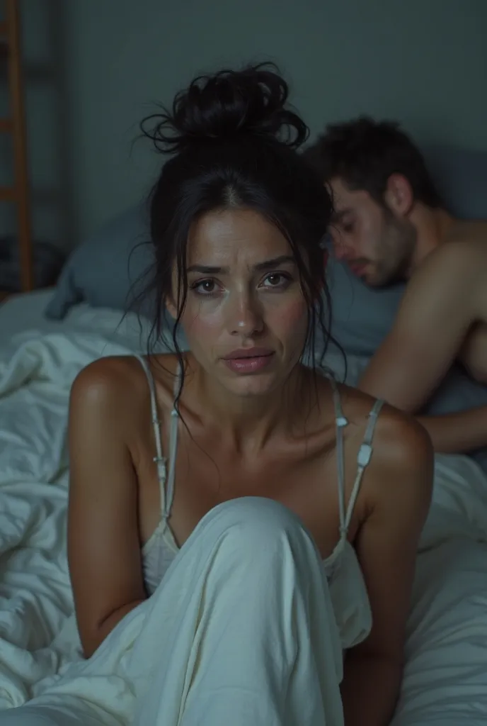 older mature gorgeous looking woman, mother, in nighty, sitting at edge of the bed, teary eyes, tensed, crying, black hair messy hair bun, messy bedsheet. 
a young man sleeping on same bed,eyes closed shirtless in the background 