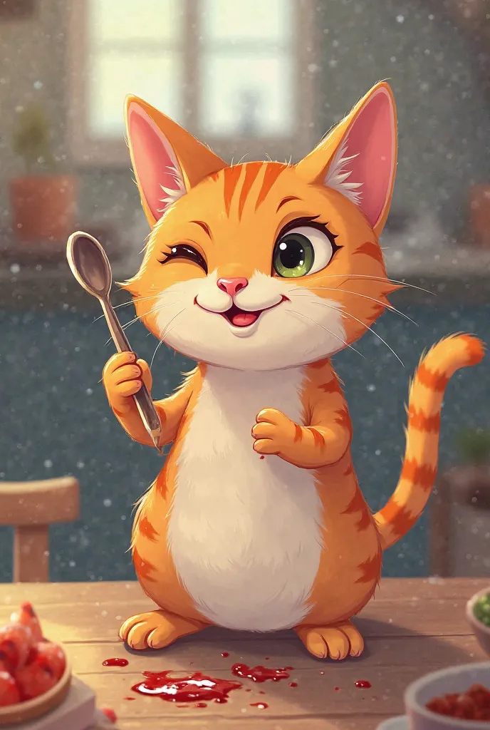 The cat takes a tiny spoon, dips it in sauce, and licks it.

It makes an exaggerated expression—either a proud nod or a funny “too spicy” face.
