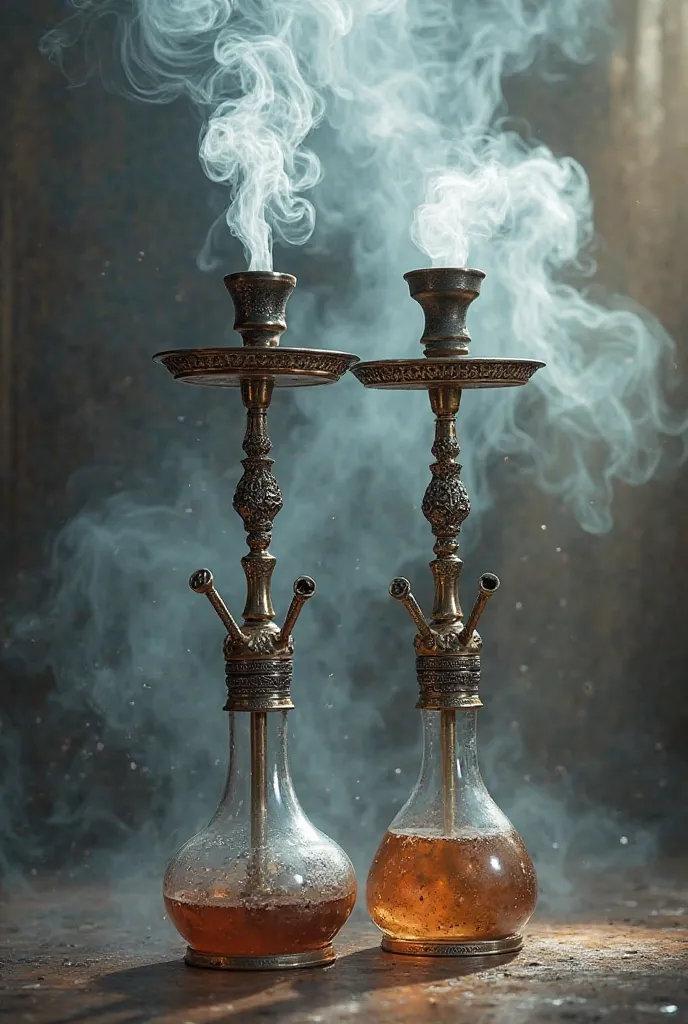 Two hookah rosh with smoke in the background