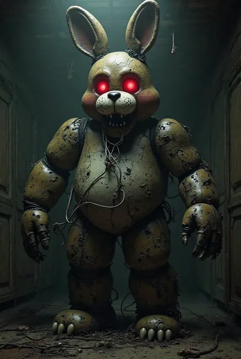 A huge animatronic bunny from fnaf that doesn't have a right hand and a wire instead of it, and no face with red dots instead of eyes, all broken, and staying in dark room in night