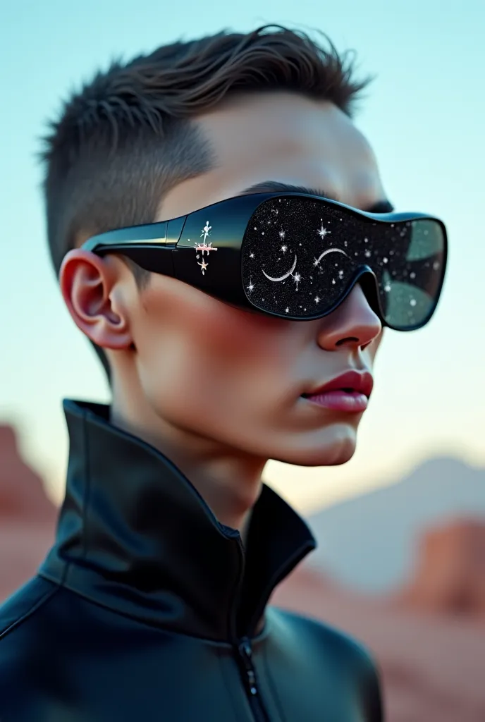 The model is wearing glass sunglasses with stars and the moon on the glass