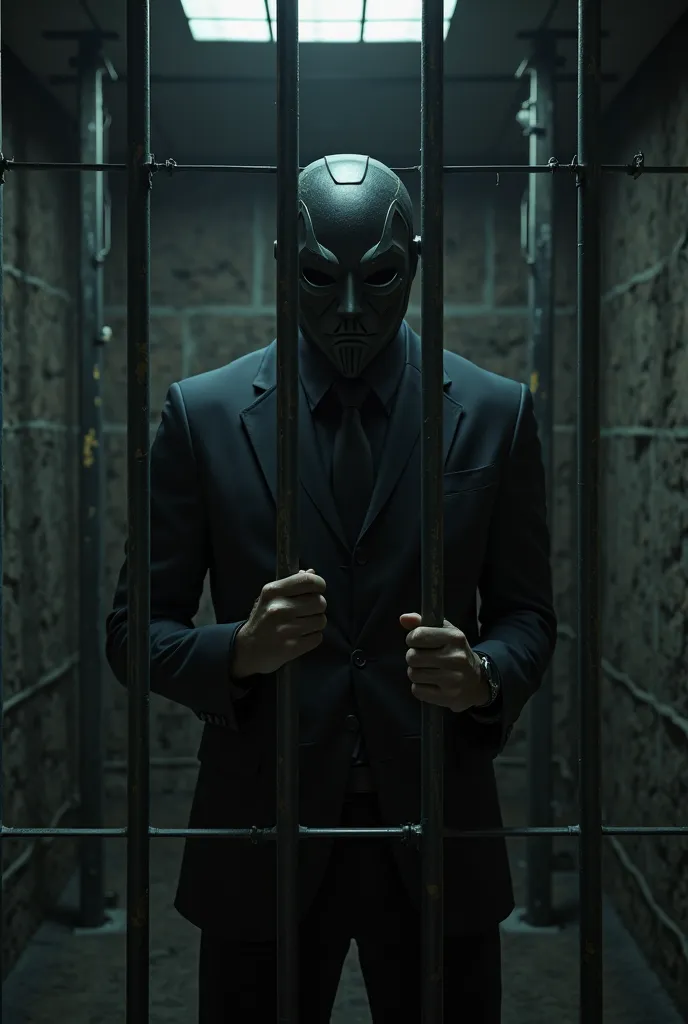 A man in a black mask, and in a black suit, behind bars . 