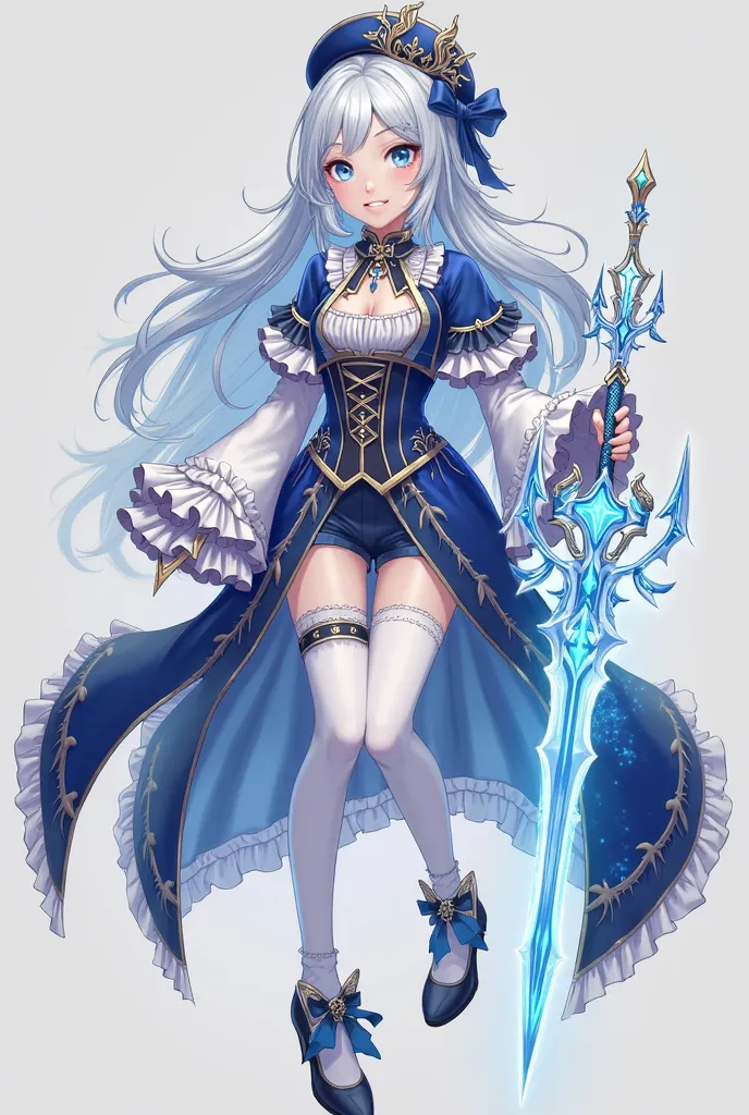 A young and elegant female character with icy blue eyes and long, flowing silver-blue hair with a slight curl at the ends. She has a fair complexion with a soft glow, giving her an ethereal, almost magical presence. Her expression is confident yet playful,...