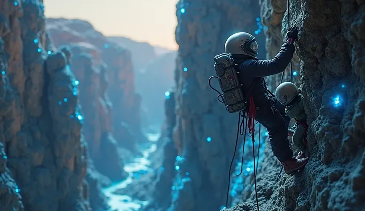  A stunning 4D cinematic shot of Hùng rappelling down the canyon walls, his space suit reflecting dim blue light from below. Miu clings onto his shoulder, its tiny claws gripping his suit tightly. The rock formations glow faintly, covered in mysterious cry...