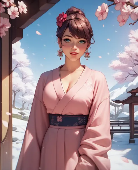 ((TOP QUALITY)), (( masterpiece)), ( exhaustive), TOP QUALITY、exhaustive、 one woman、cherry blossoms、ピンク色のcherry blossoms、pink kimono、Snow all around、