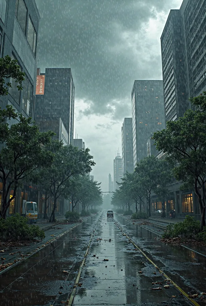 Dark clouds gather over the modern city，Heavy rain，typhoon，（（（Trees fell on the street））），，There is no one on the street，The streets were in chaos