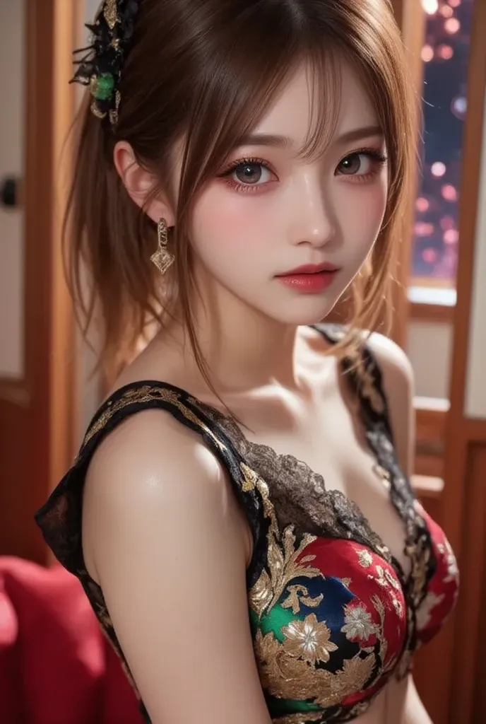 Cat ears、 face up, attractive, pretty girl, ponytail、few beautiful lady hair decorations, (( fine facial features , eroticism)), dramatic lighting , realistic , 8k, Dramatic Shadows , intricate and elaborate patterns , super detailed photo , chiaroscuro li...