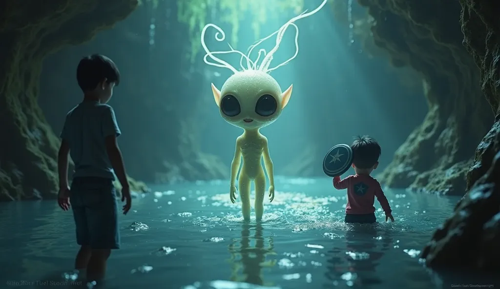 A dramatic 4D cinematic shot of a mysterious alien creature emerging from the water in front of Hùng and Miu. The being has a translucent, glowing body, large curious eyes, and delicate tendrils flowing like liquid. Hùng watches in awe, slightly stepping b...