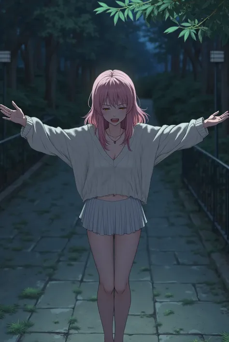 Korean girl in her 20s, light pink hair, without underwear,v-neck knit, full body shot,skirt, night park ,anime style, shame,Open your arms and show your body