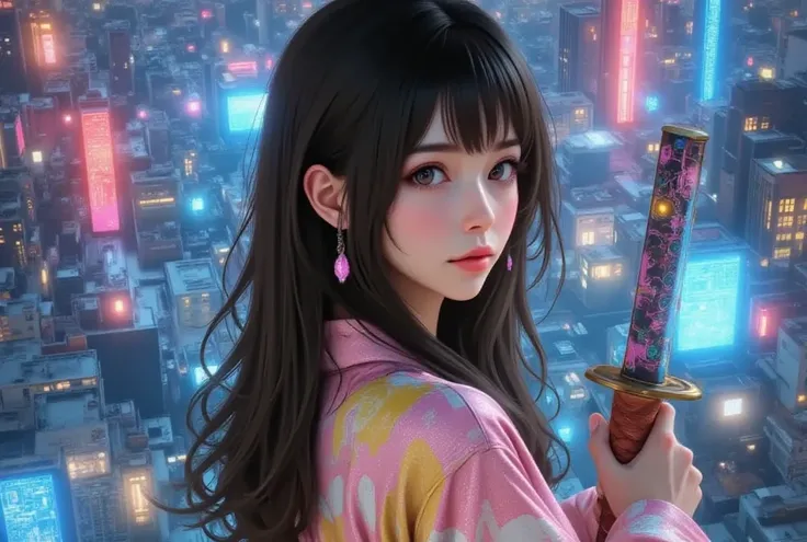 A photorealistic, sidr view, full body photo, high resolution image of a beautiful and elegant cyberpunk Japanese girl ((black hair)) and ((glowing violet eyes) with realistic skin texture and clothing texture; highly realistic image of the girl as she is ...