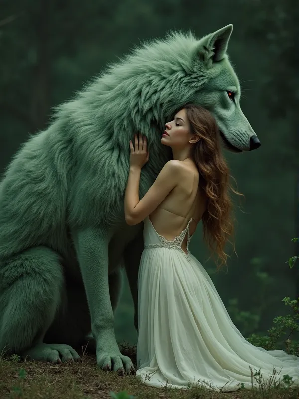 An exceptional quality in a dark background wallpaper worthy of a beautiful feminine lady in a backless white or milk dress and hair sprawl down her back, clinging onto a big large green wolf which is twice her size. 