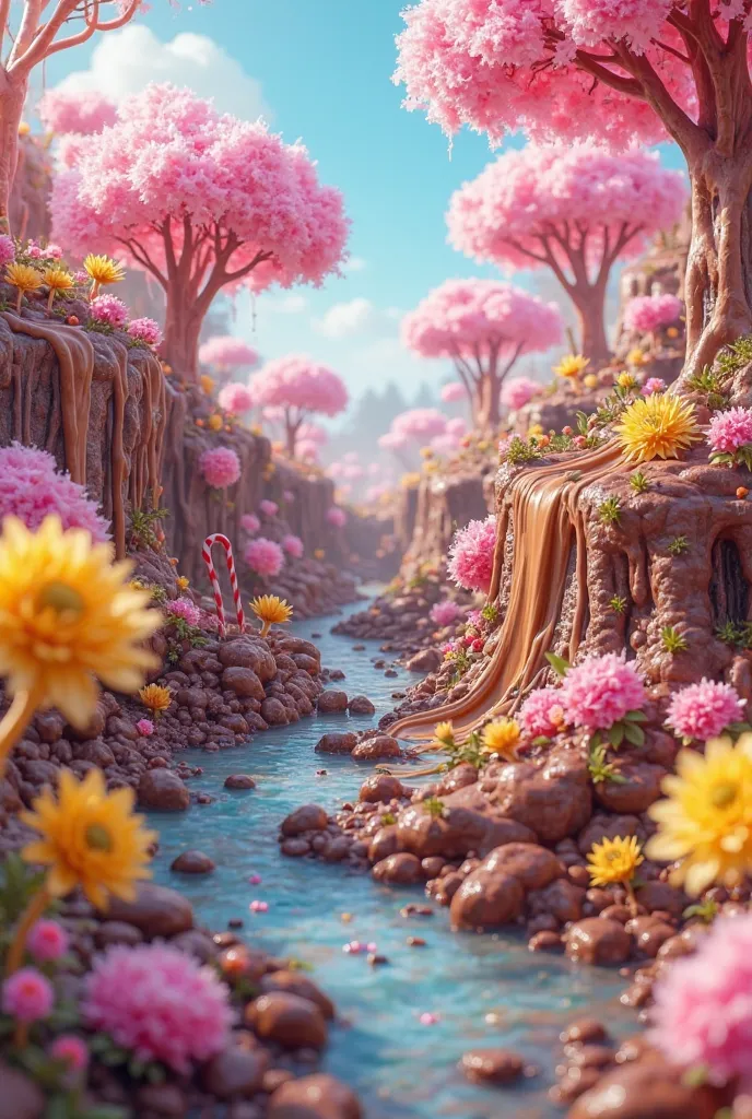 Make the colorful world made of candies with stones made of chocolate candies make candy trees make bushes of yellow flower cups lollipops candy cotton candy of various colors candy cane and a large and beautiful chocolate waterfall

