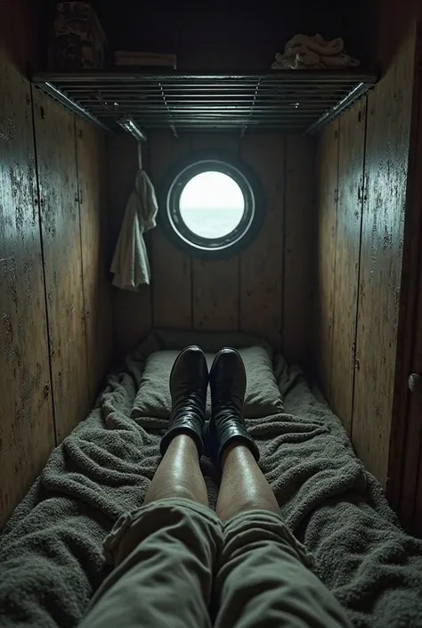 Ultra-realistic first-person perspective of a female worker waking up in a small, cramped cabin aboard the Titanic in 1912. The view shows her legs stretched out on a rough, woolen blanket-covered bed, wearing worn-out black leather boots, beige stockings,...