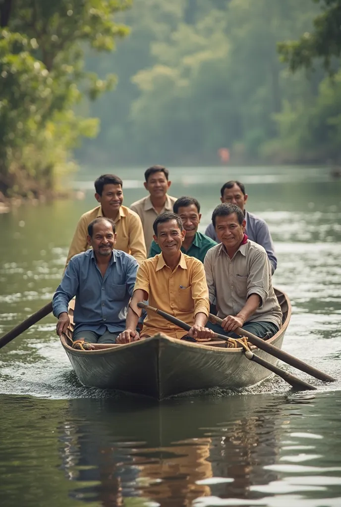 In a photo,there are seven myanmar teachers.One of her is rowing the boat.