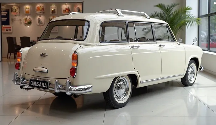 Creat a 3d rander (Right) review Car  design  ( 2025 Hindustan Ambassador.  ) (White) colour with a (Hindustan Ambassador ) logo on back  Traverse High Country on its left end look. 
and headlights " in pure beige   with ultra detailed glossy shining image...