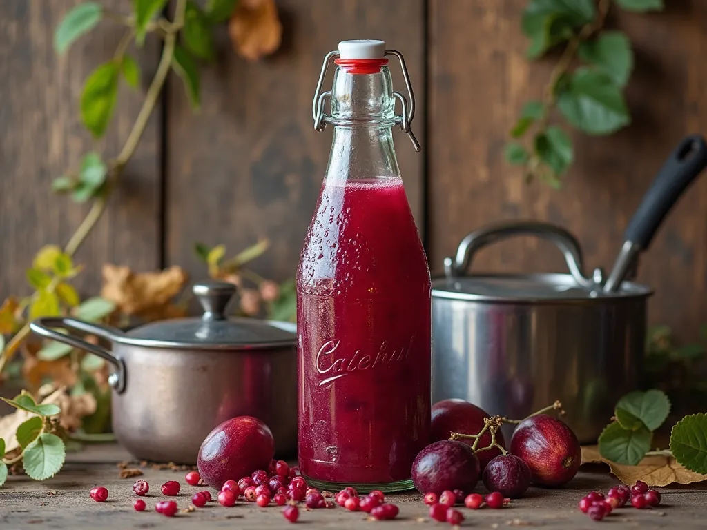 Rustic wooden background with leaves and saucepans surrounding a bottle with acerola juice.