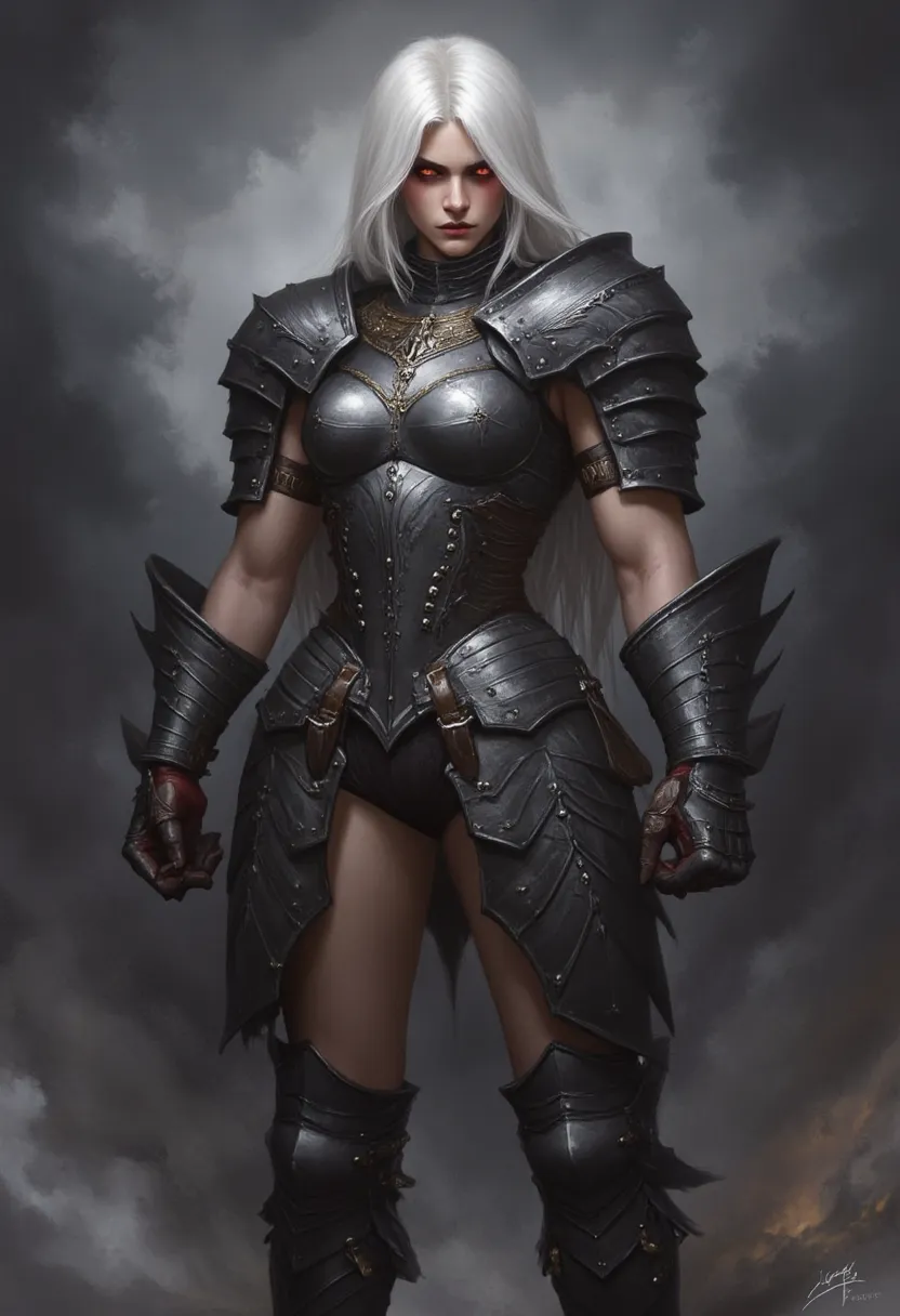 Strong body woman, angry seriuos face, white hair, wearing black heavy armor, closed armor, red eyes, detailed face, 