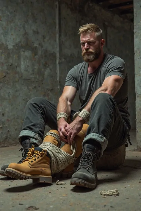 A nordic man with trimmed beard and short hair dressing black riding boots, cargo pants and t-shirt has tied up a blond construction worker man wearing Timberland boots and with bristle from his limbs with rope. The blond man is sitting tied up in a large ...